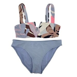 Aerie Medium Bandeau Bikini Swimsuit Set Floral Print Blue Bathing Suit Beach